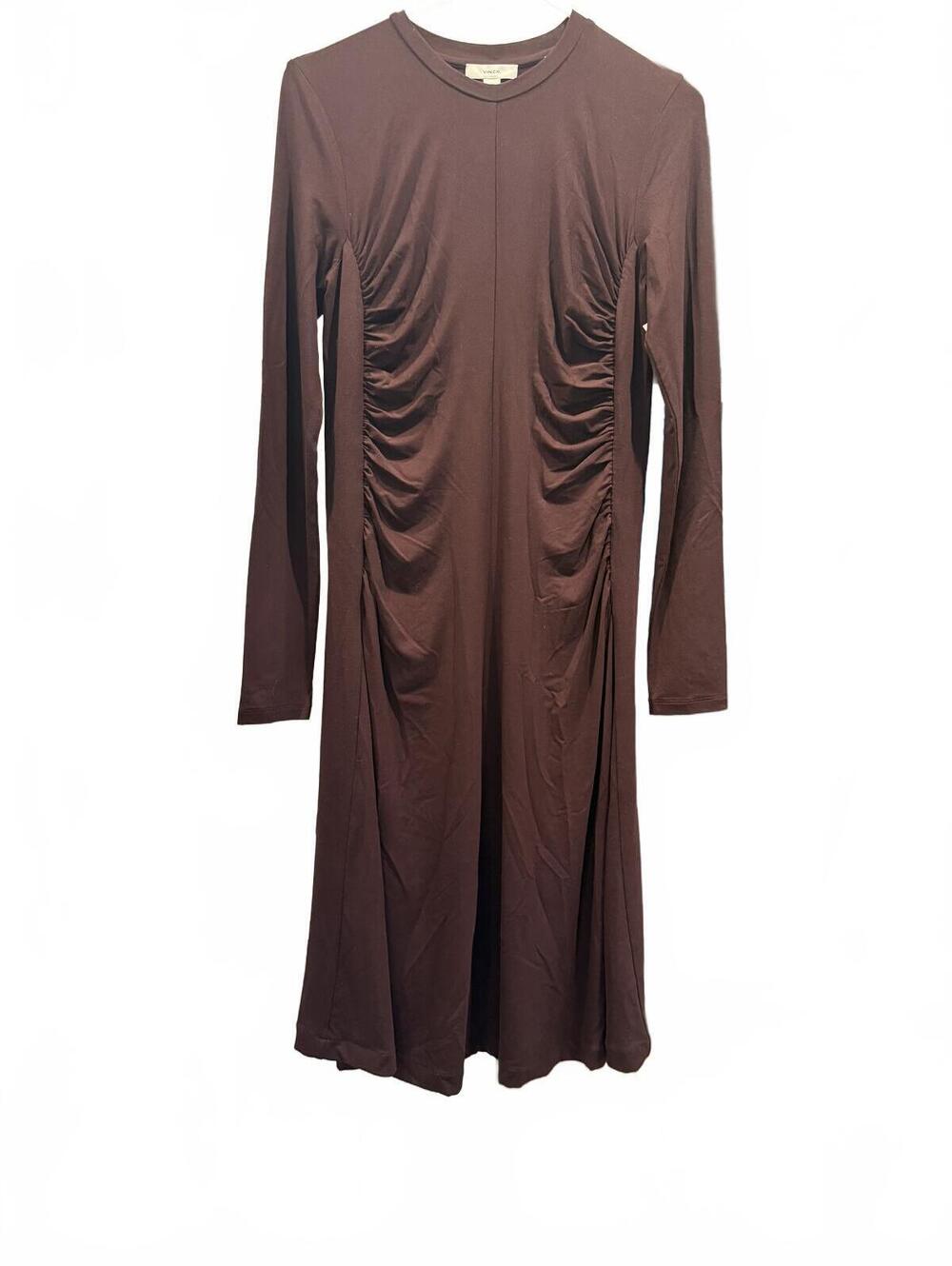 Vince Long Sleeve Ruched Burgandy Midi Dress - Picture 2 of 11